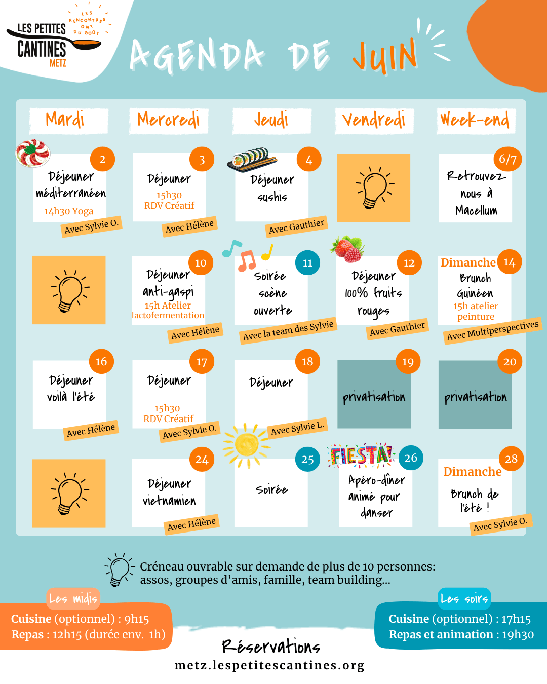 Agenda d’avril des Petites Cantines Metz présenté sous forme de calendrier avec plusieurs rendez-vous culinaires et conviviaux : le 6 avril, brunch de Pâques avec Pierre et Sylvie ; le 7 avril, midi 100% citron ; le 8 avril, midi et rendez-vous créatif à 15h30 ; le 9 avril, midi “voilà le printemps !” et soirée scène ouverte ; le 11 avril, soirée accord mets bières avec Brassage de Cultures ; le 14 avril, midi vacances en Ardèche et yoga à 14h30 ; le 15 avril, midi ; le 16 avril, midi “vamos a Argentina !” ; le 19 avril, brunch drag avec Queerdom ; le 21 avril, midi ; le 22 avril, midi destination Bollywood et rendez-vous créatif à 15h30 ; le 23 avril, soirée tea-time et tapas ; le 26 avril, brunch zéro déchet avec Zero Waste Metz ; le 28 avril, midi “la cantine en mieux” ; le 29 avril, midi ; le 30 avril, midi indien. En bas, les contacts de réservation : metz.lespetitescantines.org, 06.42.14.29.97 et metz@lespetitescantines.org.