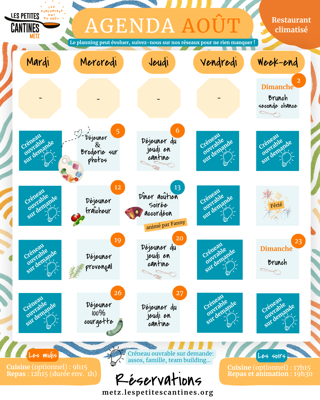 Agenda d’avril des Petites Cantines Metz présenté sous forme de calendrier avec plusieurs rendez-vous culinaires et conviviaux : le 6 avril, brunch de Pâques avec Pierre et Sylvie ; le 7 avril, midi 100% citron ; le 8 avril, midi et rendez-vous créatif à 15h30 ; le 9 avril, midi “voilà le printemps !” et soirée scène ouverte ; le 11 avril, soirée accord mets bières avec Brassage de Cultures ; le 14 avril, midi vacances en Ardèche et yoga à 14h30 ; le 15 avril, midi ; le 16 avril, midi “vamos a Argentina !” ; le 19 avril, brunch drag avec Queerdom ; le 21 avril, midi ; le 22 avril, midi destination Bollywood et rendez-vous créatif à 15h30 ; le 23 avril, soirée tea-time et tapas ; le 26 avril, brunch zéro déchet avec Zero Waste Metz ; le 28 avril, midi “la cantine en mieux” ; le 29 avril, midi ; le 30 avril, midi indien. En bas, les contacts de réservation : metz.lespetitescantines.org, 06.42.14.29.97 et metz@lespetitescantines.org. Agenda d’avril des Petites Cantines Metz présenté sous forme de calendrier avec plusieurs rendez-vous culinaires et conviviaux : le 6 avril, brunch de Pâques avec Pierre et Sylvie ; le 7 avril, midi 100% citron ; le 8 avril, midi et rendez-vous créatif à 15h30 ; le 9 avril, midi “voilà le printemps !” et soirée scène ouverte ; le 11 avril, soirée accord mets bières avec Brassage de Cultures ; le 14 avril, midi vacances en Ardèche et yoga à 14h30 ; le 15 avril, midi ; le 16 avril, midi “vamos a Argentina !” ; le 19 avril, brunch drag avec Queerdom ; le 21 avril, midi ; le 22 avril, midi destination Bollywood et rendez-vous créatif à 15h30 ; le 23 avril, soirée tea-time et tapas ; le 26 avril, brunch zéro déchet avec Zero Waste Metz ; le 28 avril, midi “la cantine en mieux” ; le 29 avril, midi ; le 30 avril, midi indien. En bas, les contacts de réservation : metz.lespetitescantines.org, 06.42.14.29.97 et metz@lespetitescantines.org.