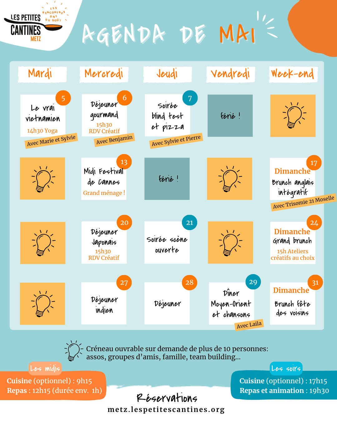 Agenda d’avril des Petites Cantines Metz présenté sous forme de calendrier avec plusieurs rendez-vous culinaires et conviviaux : le 6 avril, brunch de Pâques avec Pierre et Sylvie ; le 7 avril, midi 100% citron ; le 8 avril, midi et rendez-vous créatif à 15h30 ; le 9 avril, midi “voilà le printemps !” et soirée scène ouverte ; le 11 avril, soirée accord mets bières avec Brassage de Cultures ; le 14 avril, midi vacances en Ardèche et yoga à 14h30 ; le 15 avril, midi ; le 16 avril, midi “vamos a Argentina !” ; le 19 avril, brunch drag avec Queerdom ; le 21 avril, midi ; le 22 avril, midi destination Bollywood et rendez-vous créatif à 15h30 ; le 23 avril, soirée tea-time et tapas ; le 26 avril, brunch zéro déchet avec Zero Waste Metz ; le 28 avril, midi “la cantine en mieux” ; le 29 avril, midi ; le 30 avril, midi indien. En bas, les contacts de réservation : metz.lespetitescantines.org, 06.42.14.29.97 et metz@lespetitescantines.org.
