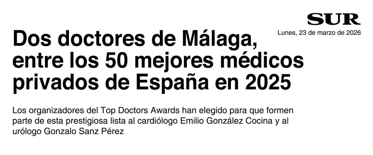 Titular de artículo web anunciando que el cardiólogo Emilio González Cocina ha sido seleccionado para la prestigiosa lista de los Top Doctors Awards en Marbella y Málaga.