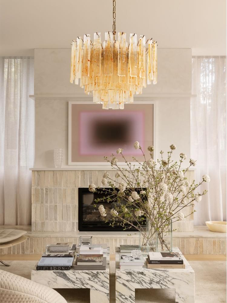 Amber Tiered Murano Chandelier Hand-Blown Glass & Antique Brass Chain for High-Ceiling Interiors