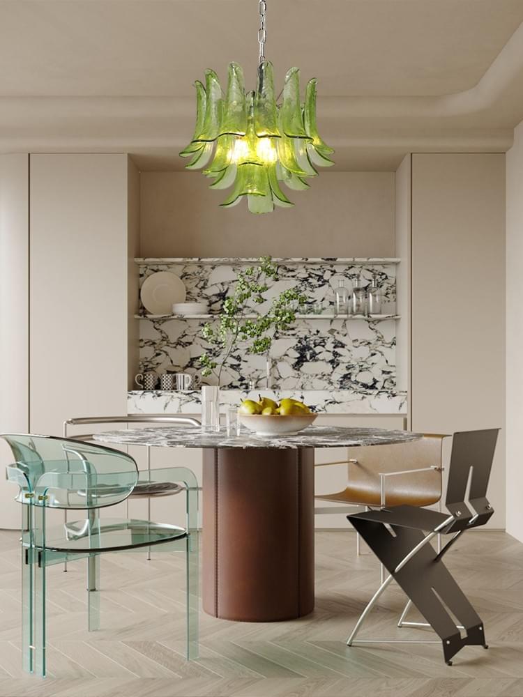 Cascading Murano Petal Chandelier - Vibrant Warm Glass Panels, Modern Metal Frame, Artistic Statemen