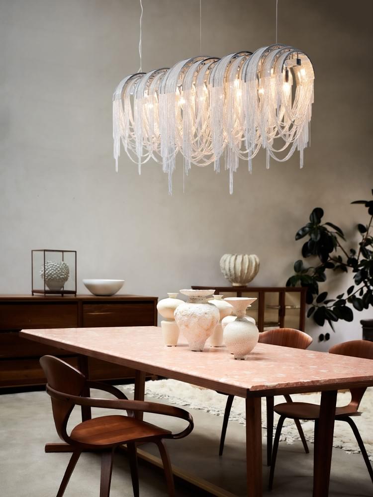  Modern Art Deco Style Metal Tassel LED Chandelier for Luxury Living Room