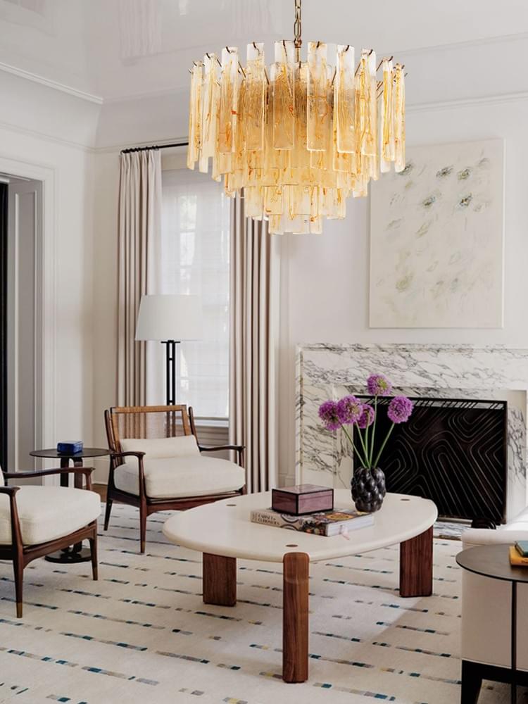 Amber Tiered Murano Chandelier Hand-Blown Glass & Antique Brass Chain for High-Ceiling Interiors