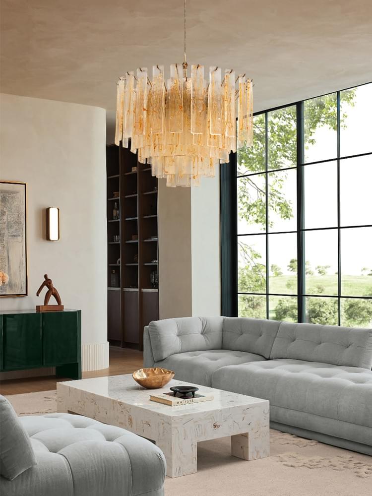 Amber Tiered Murano Chandelier Hand-Blown Glass & Antique Brass Chain for High-Ceiling Interiors