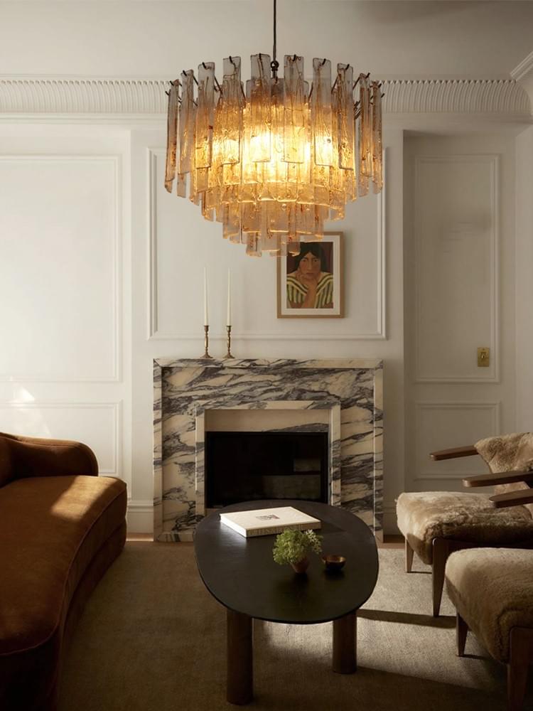 Amber Tiered Murano Chandelier Hand-Blown Glass & Antique Brass Chain for High-Ceiling Interiors