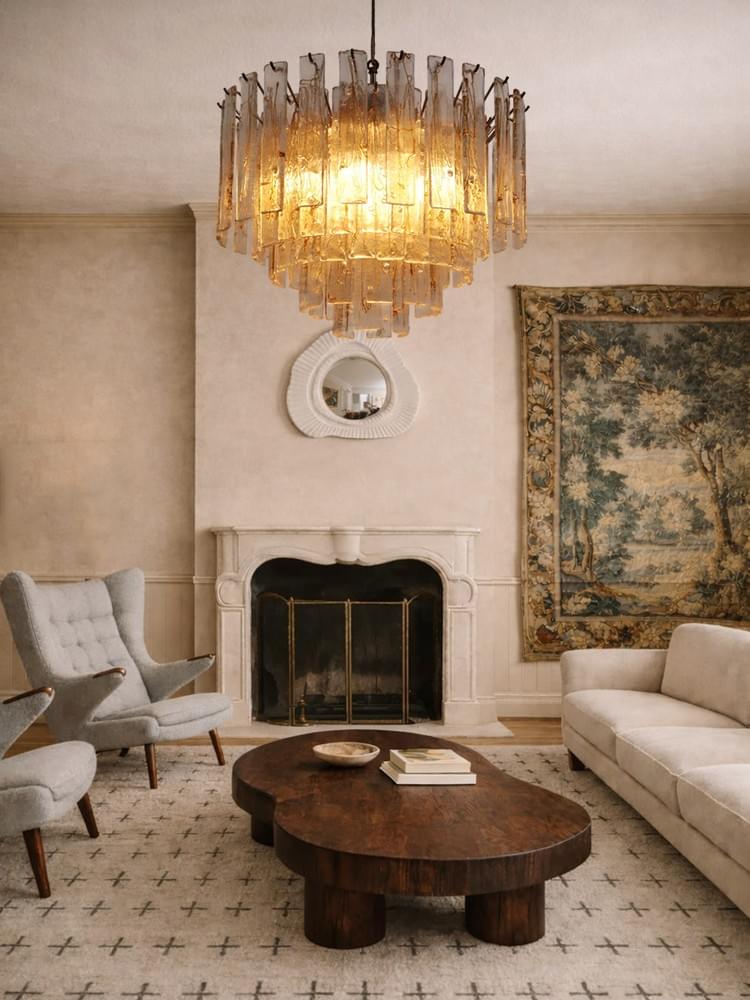 Amber Tiered Murano Chandelier Hand-Blown Glass & Antique Brass Chain for High-Ceiling Interiors