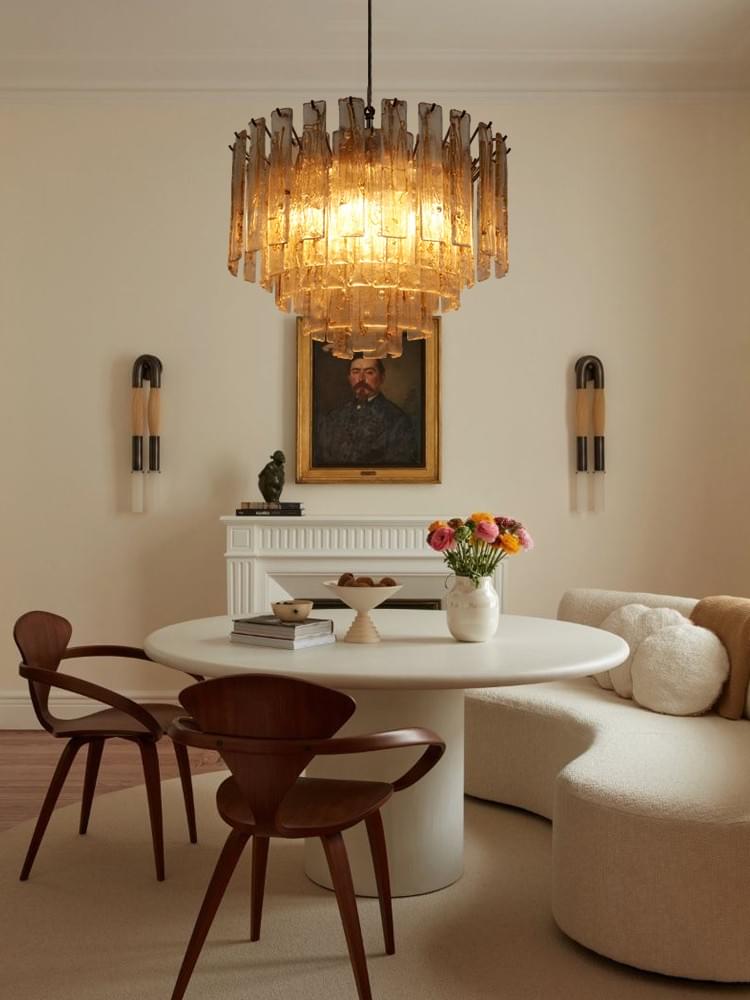 Amber Tiered Murano Chandelier Hand-Blown Glass & Antique Brass Chain for High-Ceiling Interiors