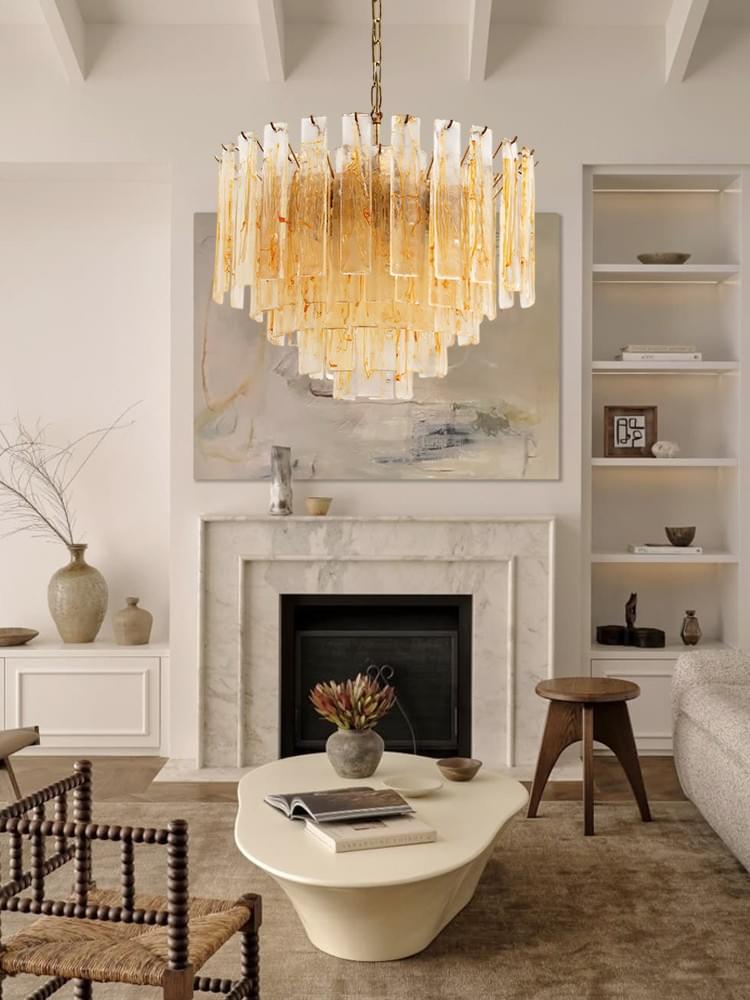 Amber Tiered Murano Chandelier Hand-Blown Glass & Antique Brass Chain for High-Ceiling Interiors