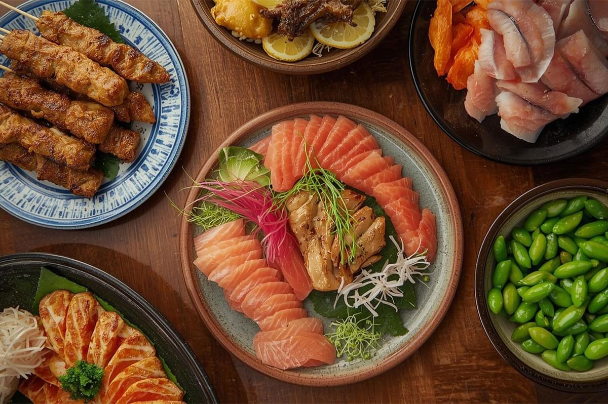 Overhead view of a Japanese dining spread featuring various platters: a central plate of fresh salmon sashimi and seared fish, a bowl of bright green edamame, and a plate of golden brown chicken yakitori skewers.
