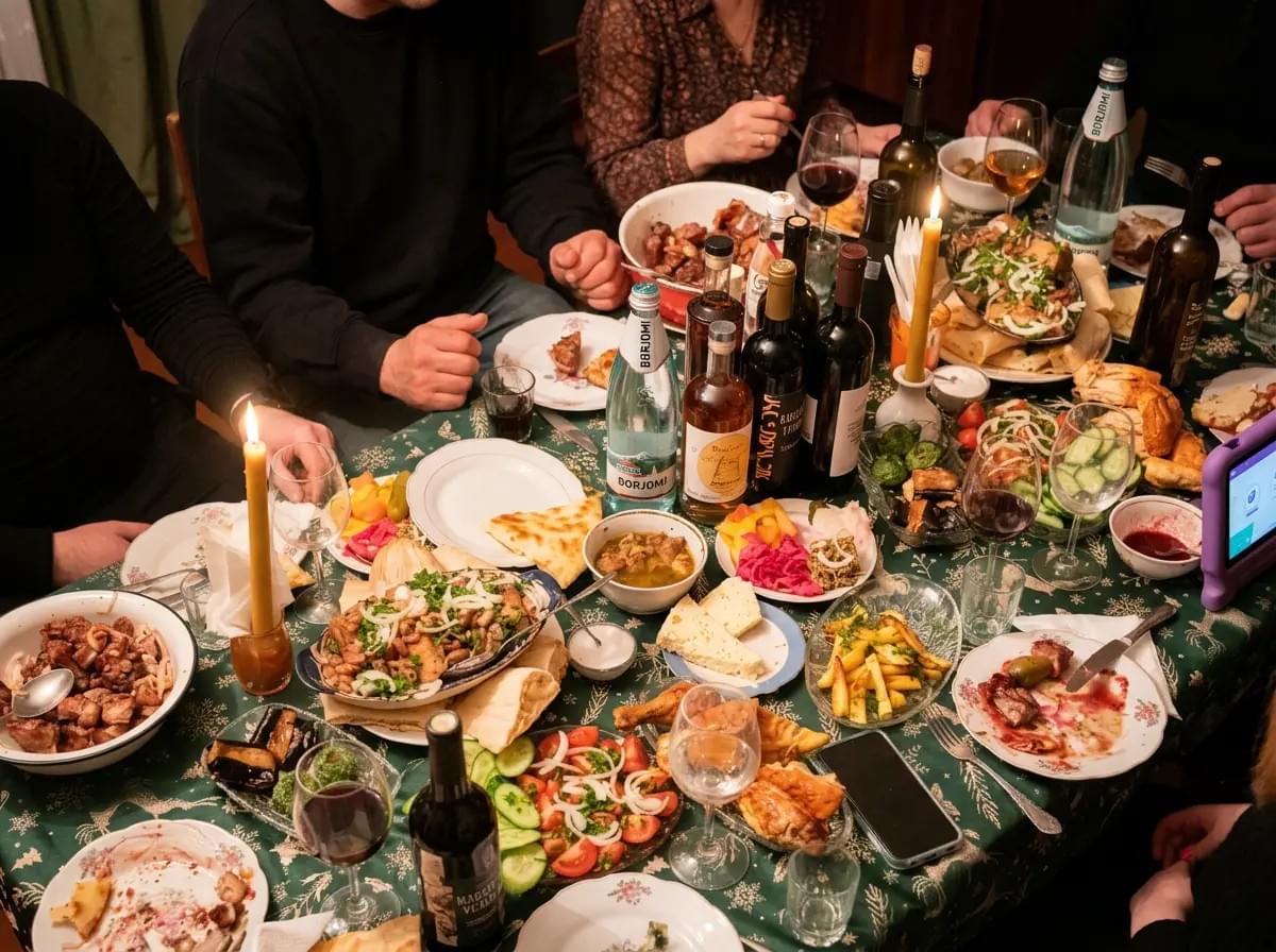 A group of people sitting around a crowded dinner table filled with food, wine, and lit candles.