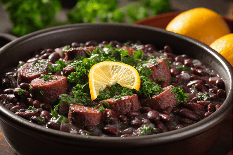 A dark ceramic bowl of Brazilian feijoada—black beans and pork simmered to richness—garnished with parsley and lemon, with fresh ingredients in the background hinting at the dish’s bold, comforting flavors.