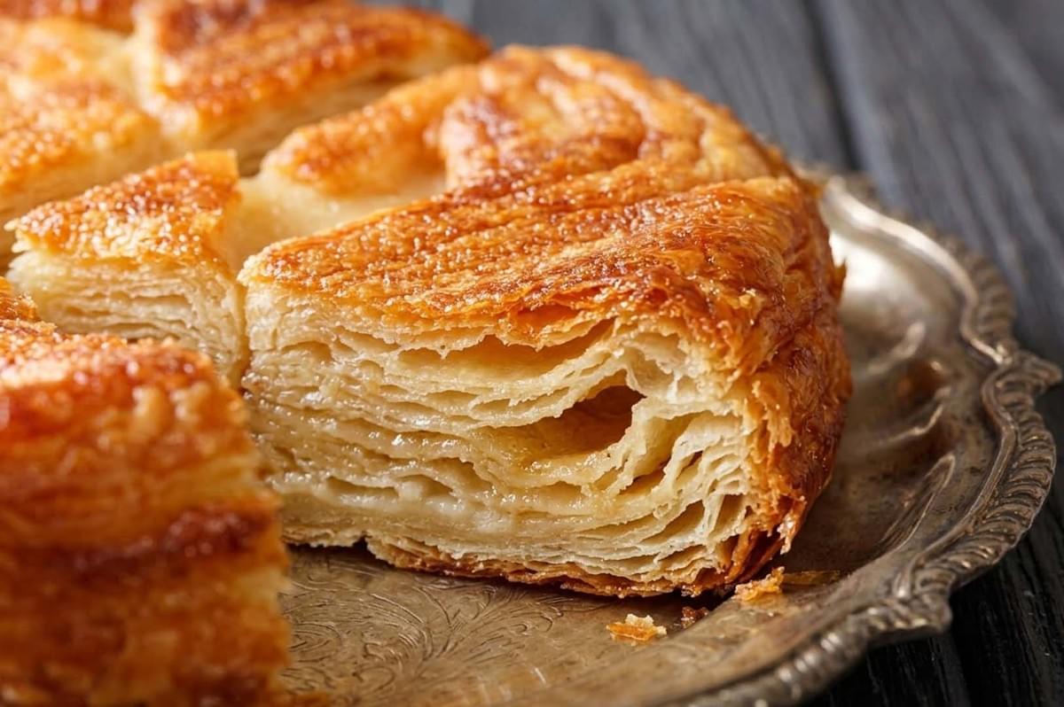 Sliced Kouign-Amann showing flaky caramelized layers