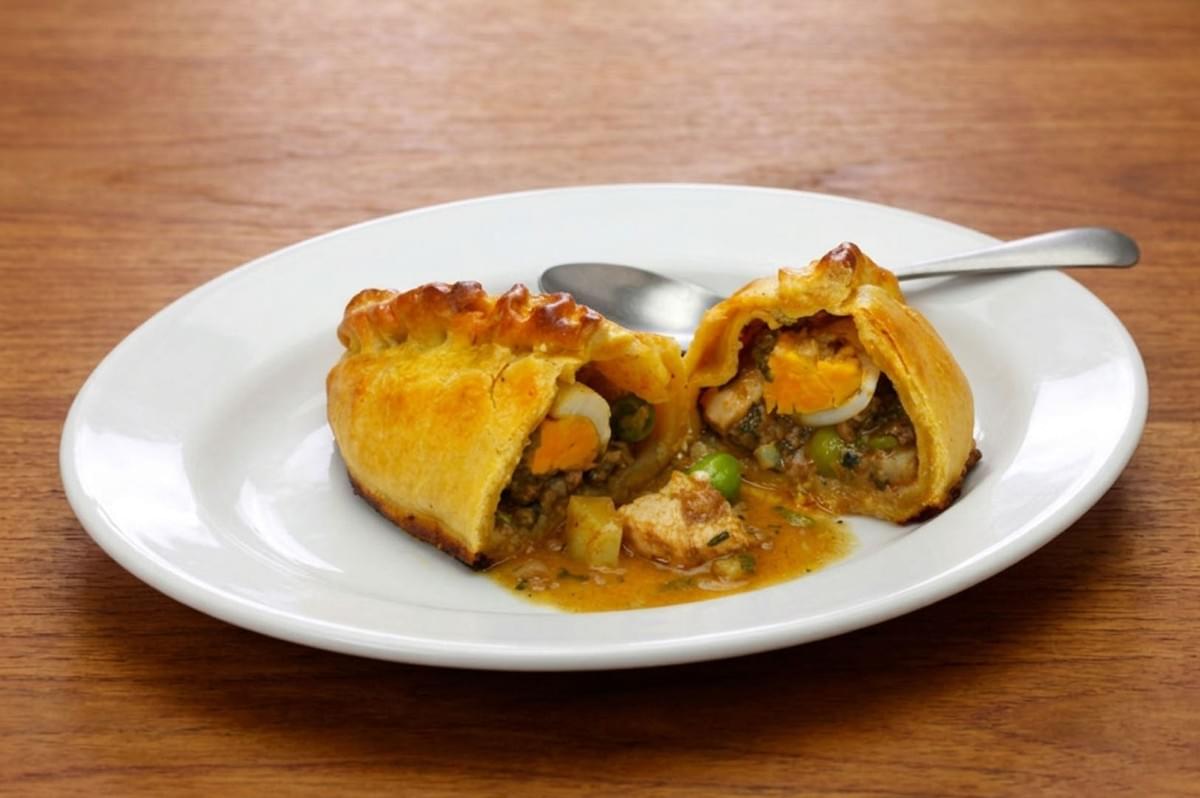 Bolivian salteña cut in half on white plate showing juicy meat filling with potatoes, peas, egg, and savory broth spilling out