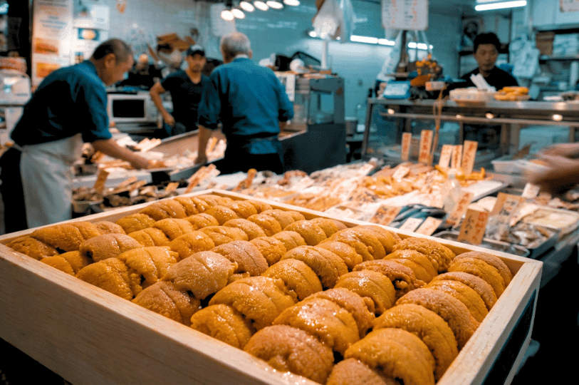 A large wooden crate overflowing with fresh, bright orange sea urchin in the foreground of the bustling Toyosu Market in Koto City, Tokyo, Japan.