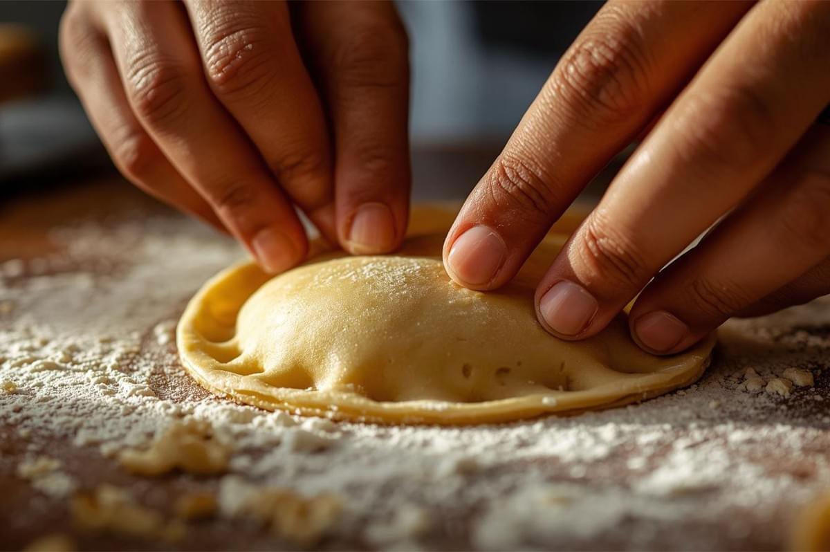 Close-up of hands pressing the edges of a round piece of pastry dough filled with filling, sealing it closed on a flour-dusted wooden surface to form a half-moon shape.