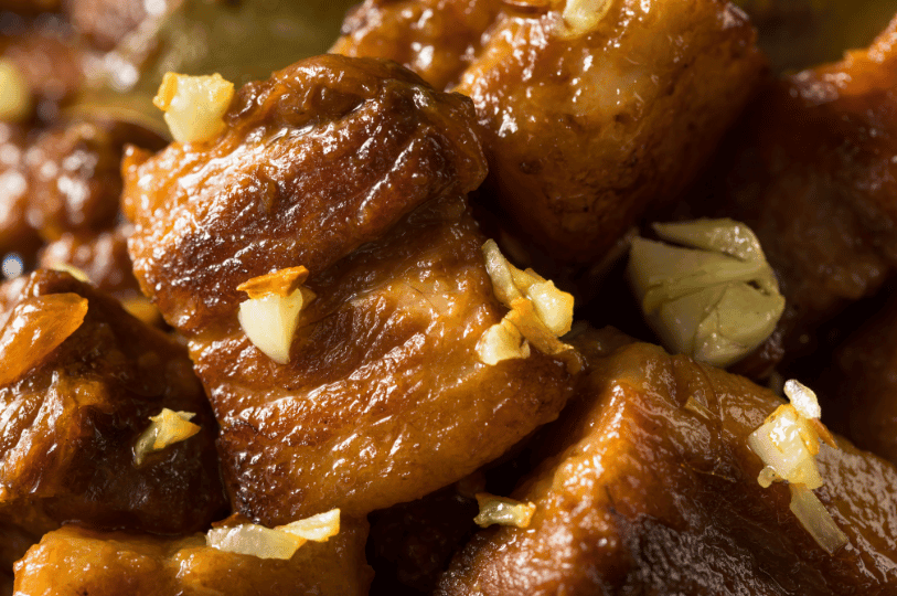 Extreme close-up of glistening Pork Adobo chunks, showing the rendered fat and texture of the meat, garnished with pieces of fried golden garlic.