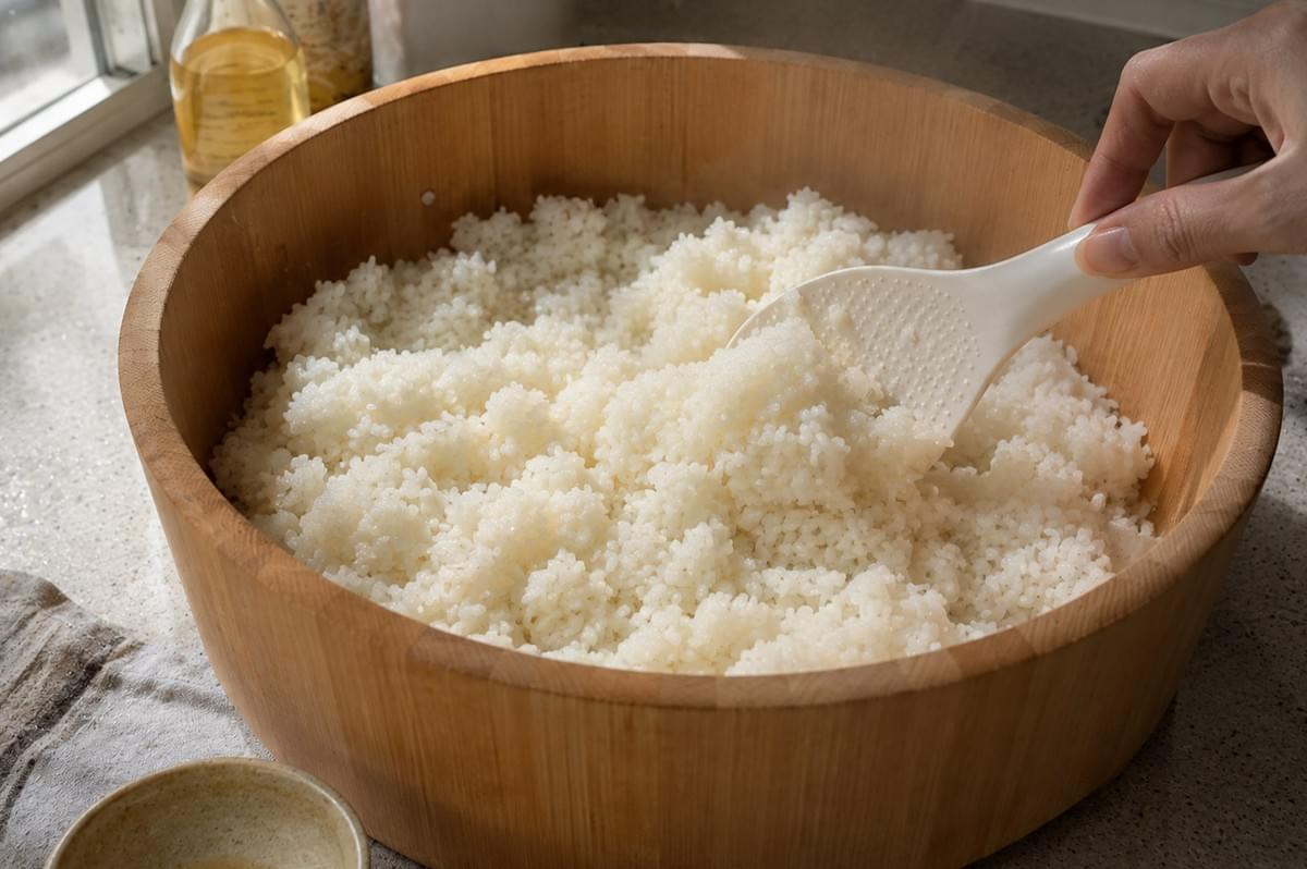 A close-up, action shot focuses on a large, light-colored wooden mixing tub (hangiri) filled with warm, steaming sushi rice. A hand uses a white, textured rice paddle (shamoji) to gently fluff and mix the rice, which glistens under natural window light streaming in onto the countertop workspace.