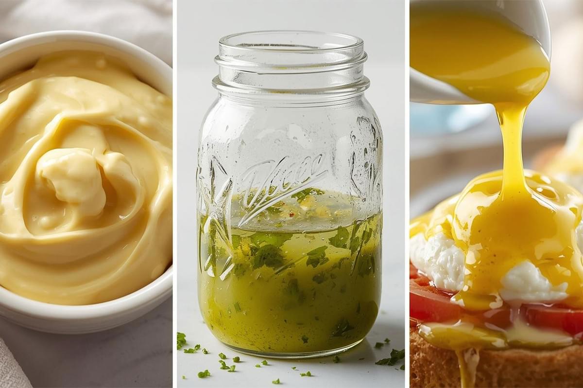 A triptych showing three classic sauces: a creamy mayonnaise on the left, a bright green vinaigrette in a jar in the center, and golden hollandaise sauce being poured over Eggs Benedict on the right.