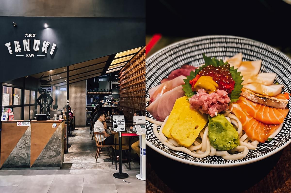 “Left: Wide-angle, eye-level view of the TANUKI RAW restaurant entrance with bold white signage on a dark exterior wall, a hostess counter, indoor dining area, wood lattice accents, seated diners, and contemporary ambient lighting. Right: Close-up, top-down view of a Japanese seafood bowl arranged with sliced salmon, assorted sashimi, fish roe, sea urchin, minced fish, tamago, wasabi, leafy garnish, and thick noodles in a patterned bowl, highlighting vibrant colors, layered presentation, and fresh textures.”