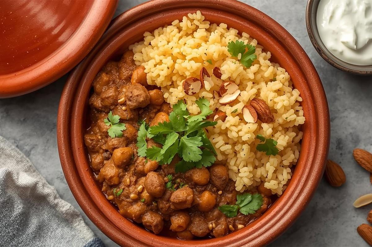 Overhead shot of a terracotta bowl filled with savory chickpea stew (tagine) served next to yellow couscous garnished with fresh cilantro and sliced almonds, with a side of yogurt.