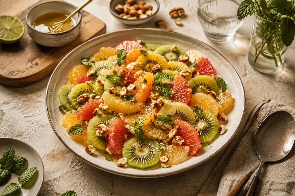 Vibrant fruit salad of sliced kiwi, citrus segments, mint leaves, and chopped nuts served on a large platter.