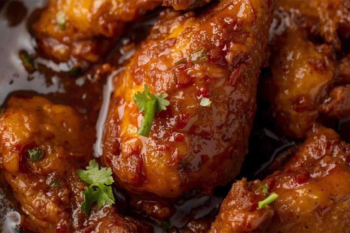 A macro close-up of glossy, braised chicken rendang, featuring pieces of chicken coated in a rich, red-brown, wet sauce and garnished with a small sprig of fresh cilantro.