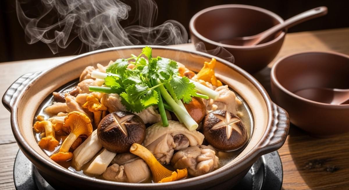 This image features a steaming clay pot filled with a hearty stew of chicken, large shiitake mushrooms with decorative cross-cuts, and golden fungi. The dish is freshly garnished with green onions and cilantro and sits on a wooden table alongside empty serving bowls, ready to be enjoyed.