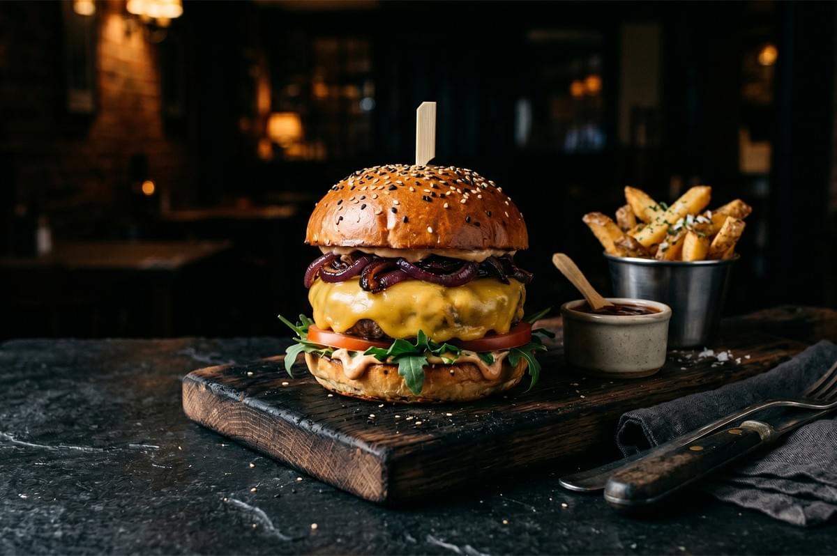 Gourmet cheeseburger with caramelized onions and a side of french fries on a wooden board.