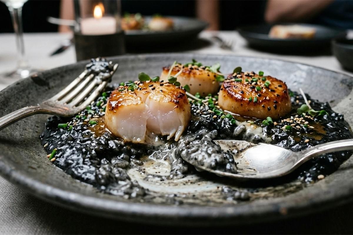 An extreme close-up of the Black Sesame Risotto being eaten. One of the seared scallops has been sliced open with a fork, revealing a tender, opaque white interior. A silver spoon lifts a portion of the creamy, jet-black rice, showing its rich texture and the light sheen of the sauce. The dish is topped with more microgreens and sesame seeds, capturing the contrast between the dark rice and the golden scallop.