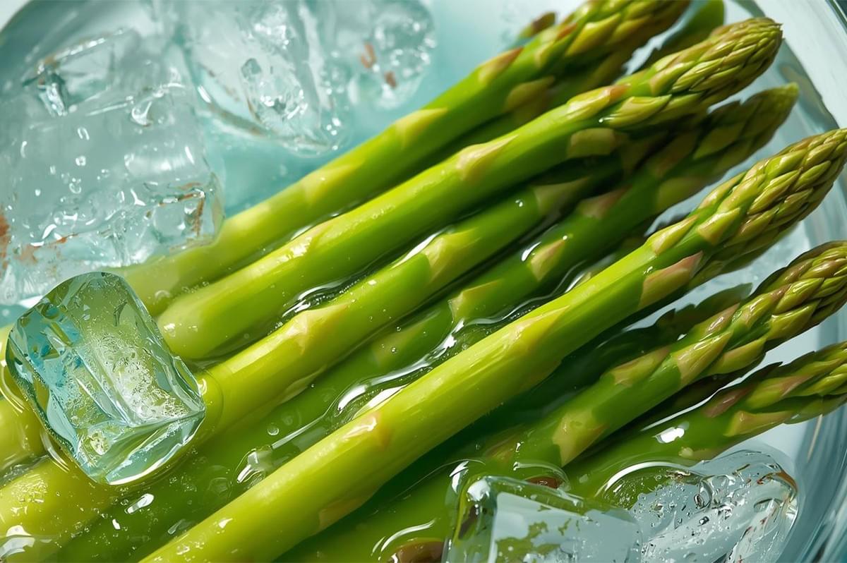 A close-up shot of vibrant, bright green asparagus spears submerged in a clear glass bowl with ice water and ice cubes, demonstrating the blanching and shocking technique.