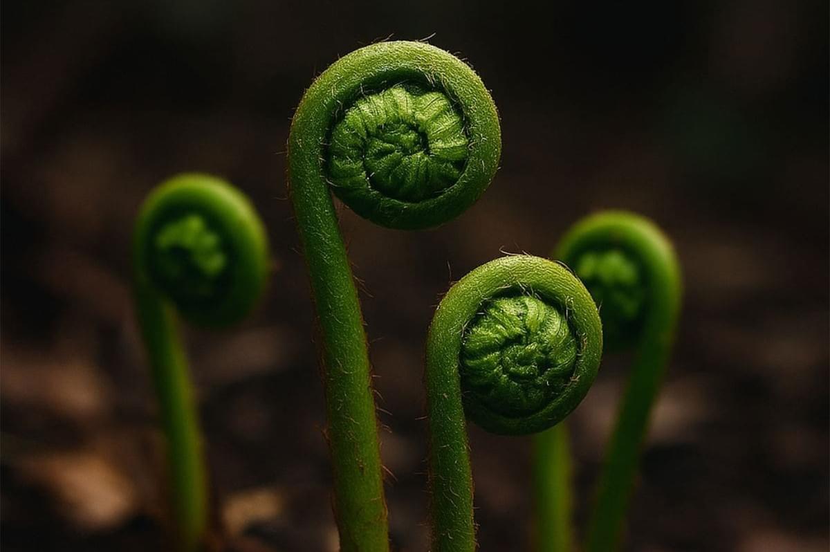 Close-up of three tightly coiled wild fiddlehead ferns emerging from the soil during spring foraging season.