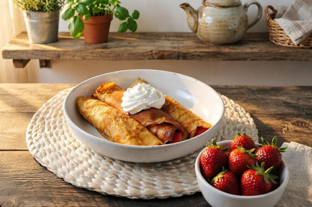Golden crepes topped with whipped cream and fresh strawberries on rustic wooden table