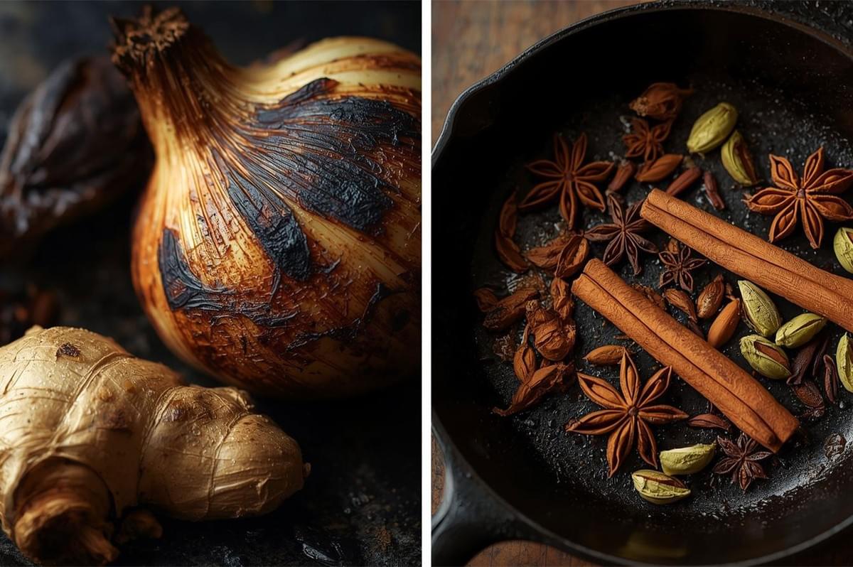 Split image showing key ingredients for Pho broth preparation: on the left, charred onion and whole ginger root; on the right, cinnamon sticks, star anise, and green cardamom pods toasting in a black skillet.