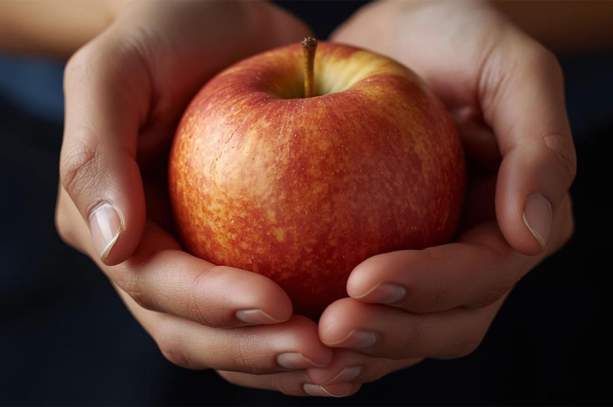 Close-up shot of two cupped hands gently holding a single, crisp red and yellow speckled apple, against a dark, neutral background.