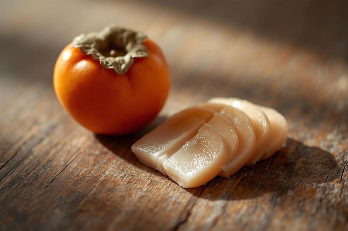 A whole ripe orange persimmon fruit sitting next to delicate slices of fresh raw ankimo on a rustic wooden table.