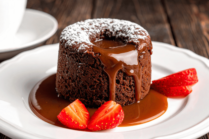 A perfectly timed molten lava cake on a white plate, dusted with powdered sugar. Warm chocolate ganache flows smoothly from the center, accompanied by fresh sliced strawberries.