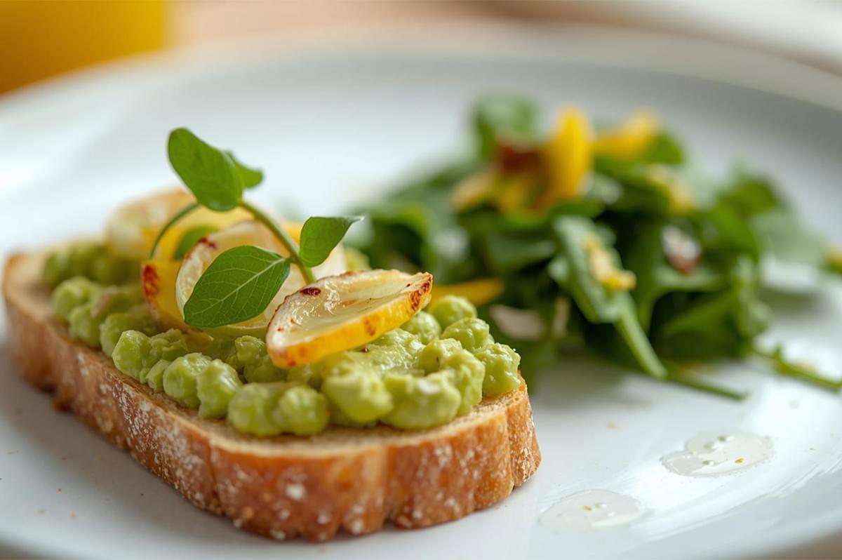 Smashed pea toast garnished with a lemon slice and microgreens, served alongside a fresh green side salad on a white plate.