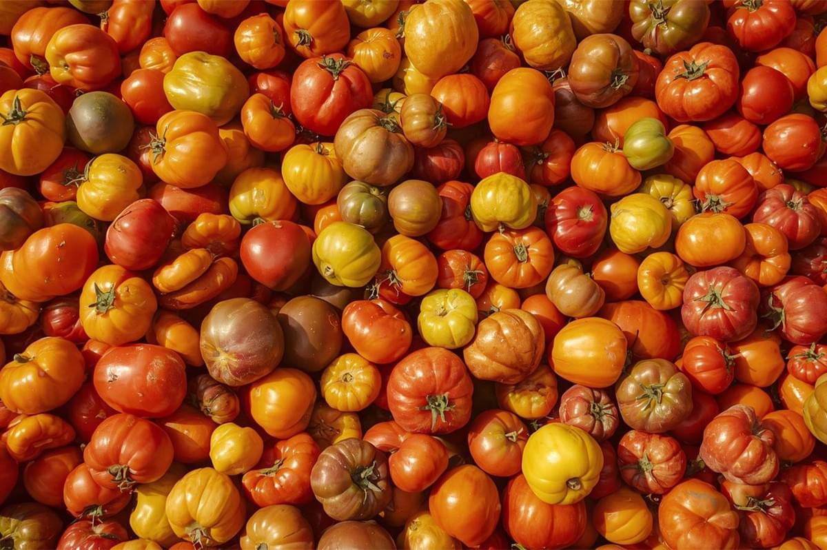An overhead, full-frame macro shot of a large, vibrant pile of freshly harvested heirloom tomatoes in various shades of red, orange, and yellow.