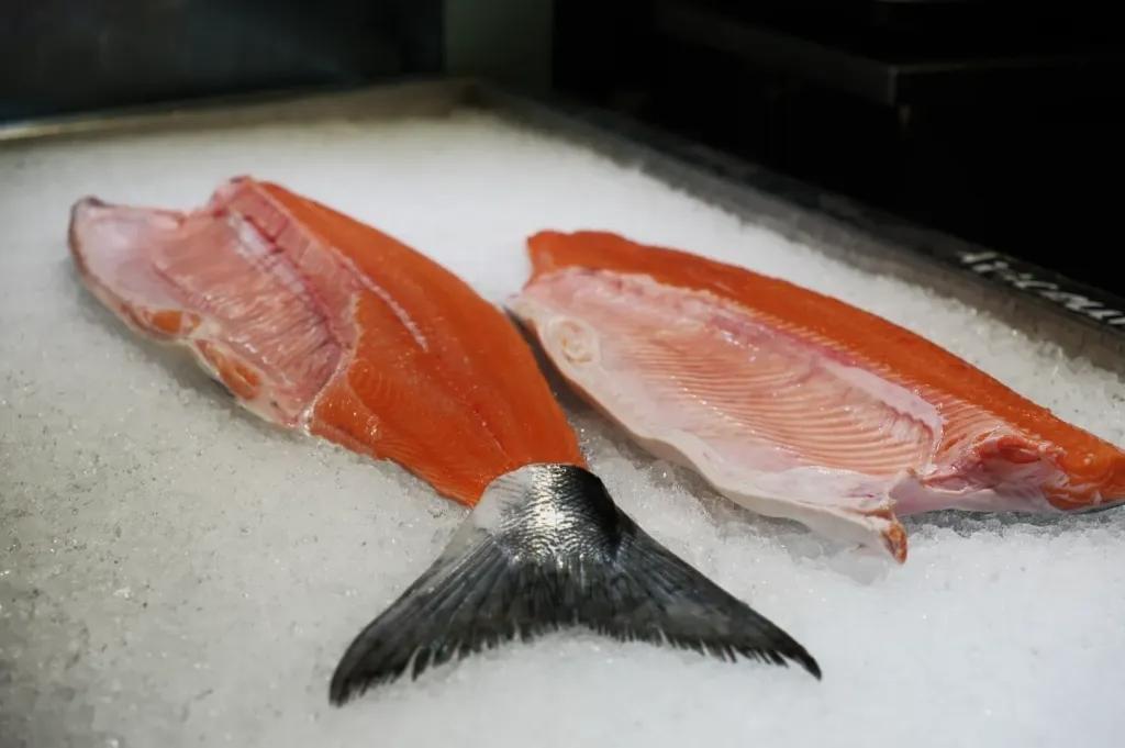 Two fresh, bright orange salmon fillets rest on a bed of crushed ice. One of the fillets still has its dark, silvery tail fin attached in the foreground.