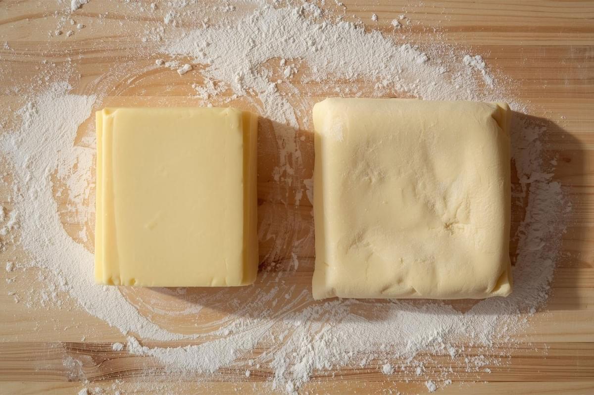 Overhead view of two blocks of butter on a floured wooden surface: a square block of solid butter for the beurrage and a block of butter enclosed in dough, ready for the lamination process.