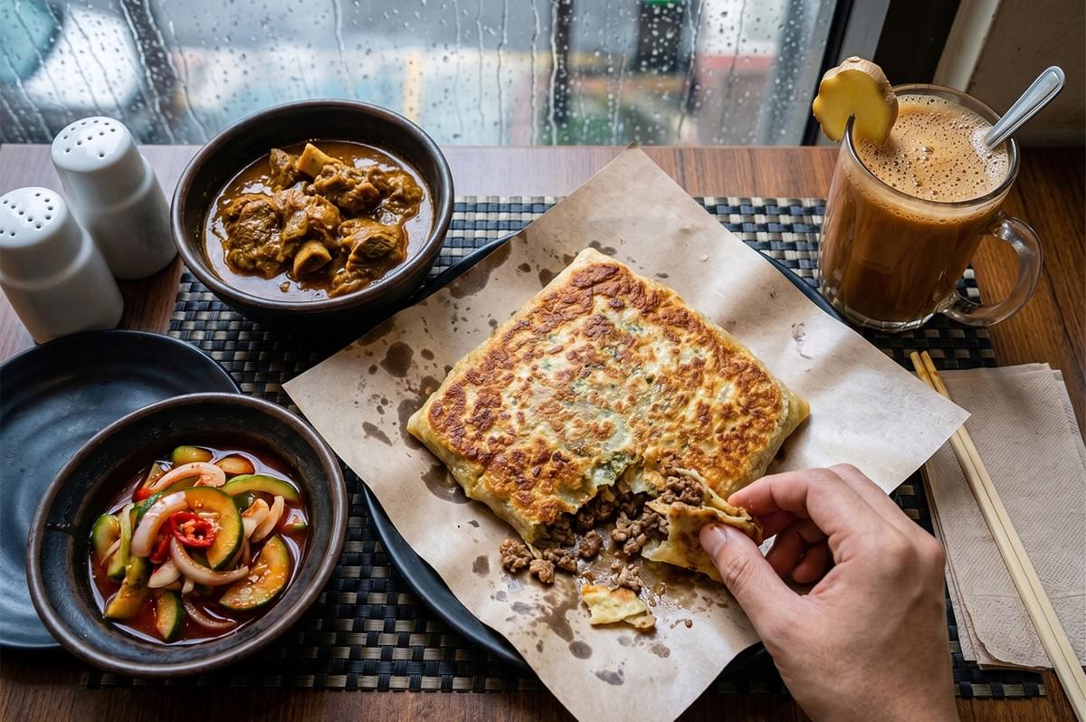 A hand breaking into a savory, meat-filled Murtabak served with mutton curry, pickled cucumbers, and ginger Teh Tarik on a rainy day.