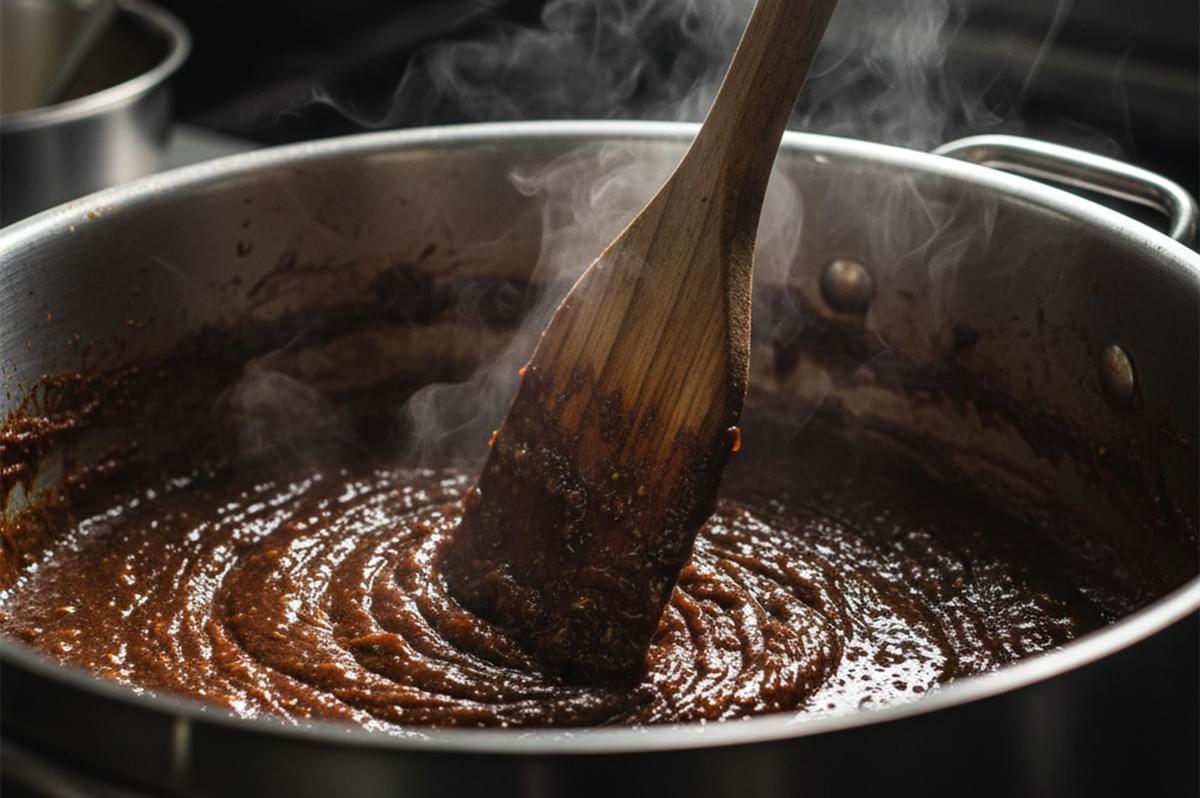 Steaming aromatic brown curry paste being stirred with a wooden spatula in a large stainless steel pot, showing rich texture and spice blend.