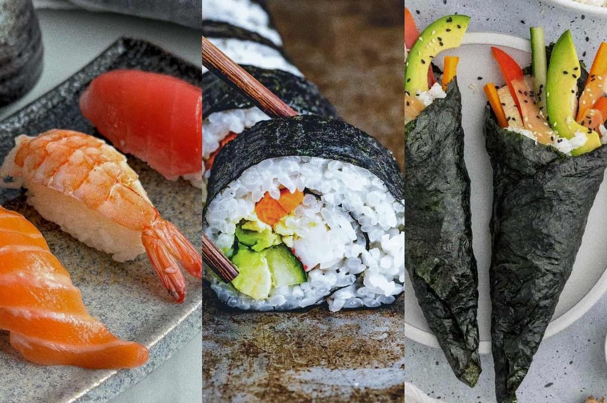 Assorted sushi trio showing nigiri with salmon, shrimp, and tuna; maki rolls with avocado and cucumber; and cone-shaped temaki hand rolls with avocado and carrot, arranged on a wooden board.