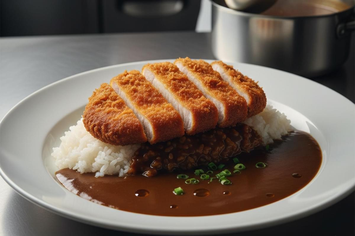 Sliced crispy breaded pork tonkatsu served over white rice with rich Japanese curry sauce and green onion garnish.