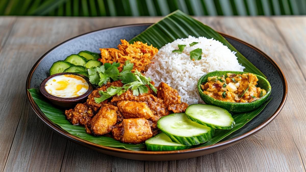 A dark ceramic plate lined with a vibrant green banana leaf features a mound of white rice served alongside a rich, saucy meat curry and fresh cucumber slices.