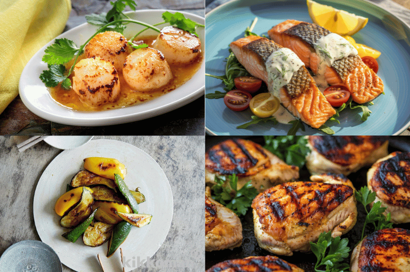 A four-panel collage showcasing different seared foods: scallops with a hard sear, crispy-skinned salmon, charred Mediterranean vegetables, and grill-marked chicken breasts.