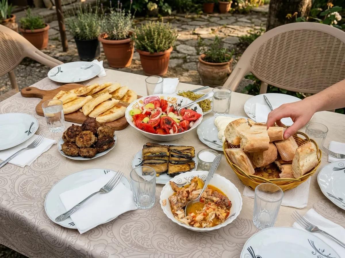 An outdoor dining table set with fresh bread, salads, meats, and drinks in a courtyard setting.