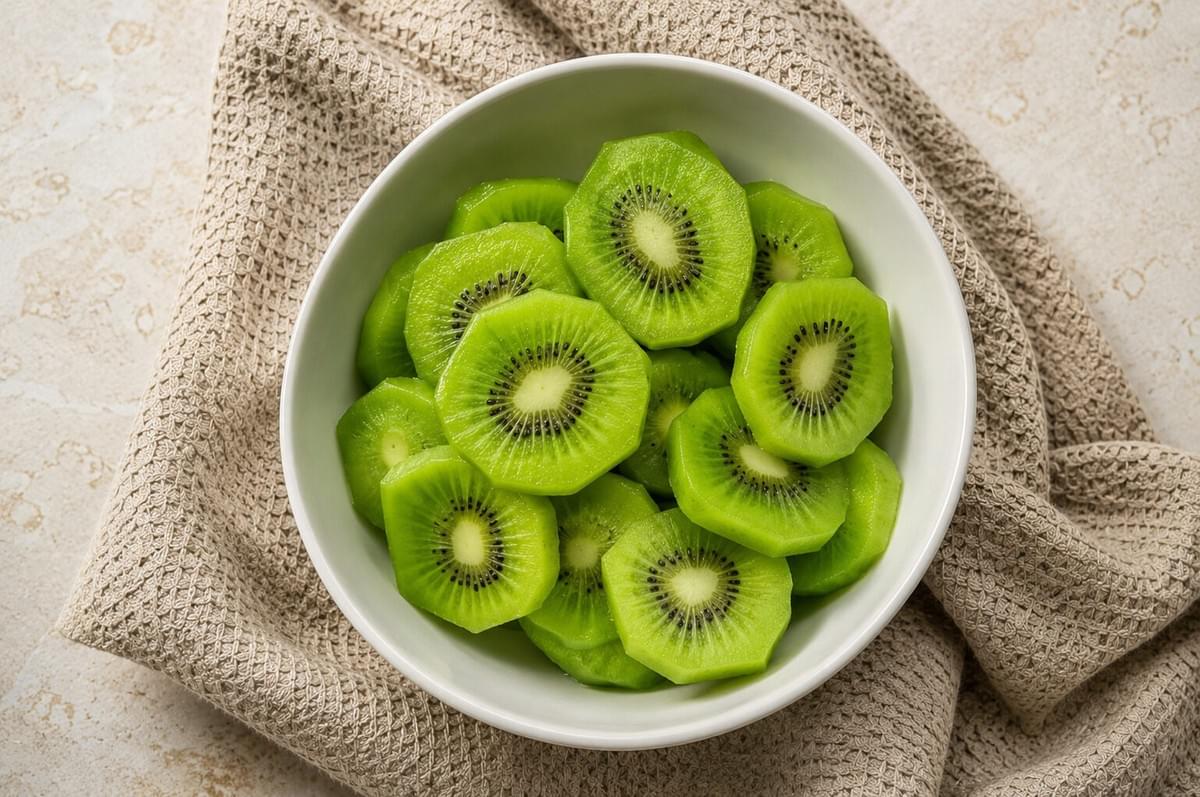 White bowl filled with sliced green kiwi pieces resting on a textured cloth.