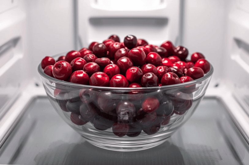 A clear glass bowl overflowing with fresh, round red cranberries, centered on a shelf inside a brightly lit, clean refrigerator.